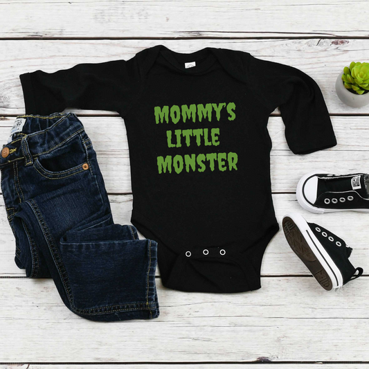 MOMMY’S LITTLE MONSTER BABY BODYSUIT LONG SLEEVE IN BLACK - BAT BABIES