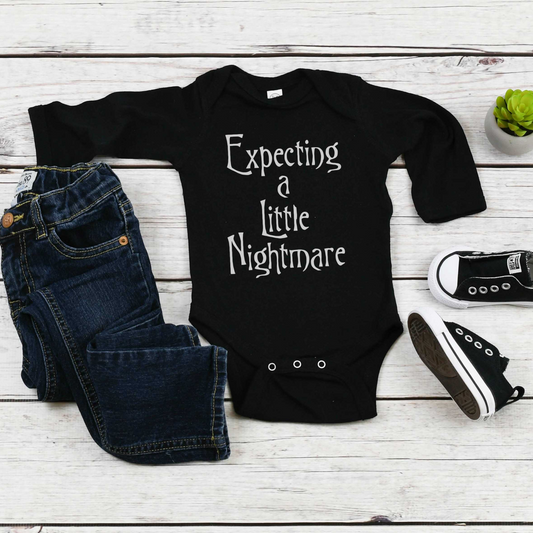 EXPECTING A LITTLE NIGHTMARE BABY ANNOUNCEMENT BODYSUIT IN BLACK - BAT BABIES