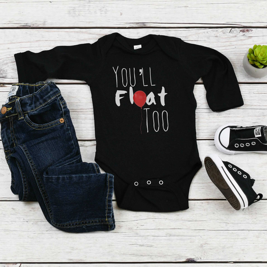 YOU’LL FLOAT TOO BABY BODYSUIT LONG SLEEVE IN BLACK - BAT BABIES