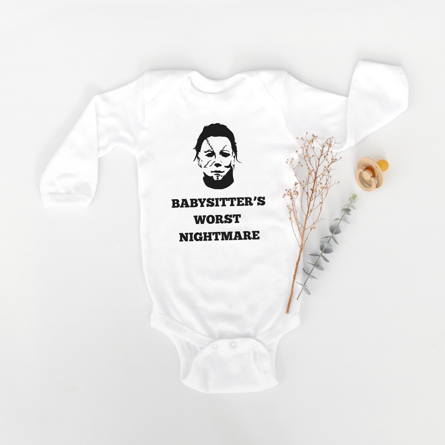 BABYSITTER’S WORST NIGHTMARE BABY BODYSUIT LONG SLEEVE IN WHITE - BAT BABIES