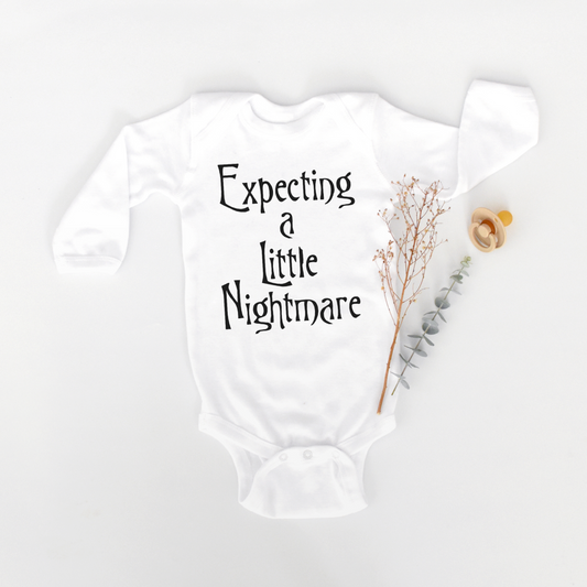 EXPECTING A LITTLE NIGHTMARE ANNOUNCEMENT BABY BODYSUIT LONG SLEEVE IN WHITE - BAT BABIES
